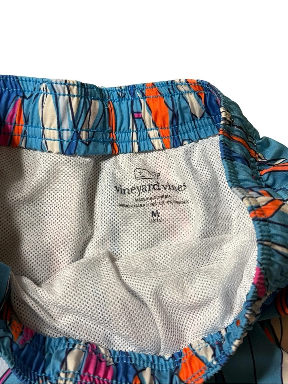Vineyard Vines Boys M 12-14 Chappy Swim Trunks Blue Retro Surfboard Print Lined